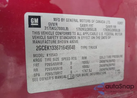 2007 Chevrolet Silverado Ltz from USA, damaged, VIN 2GCEK133671645648